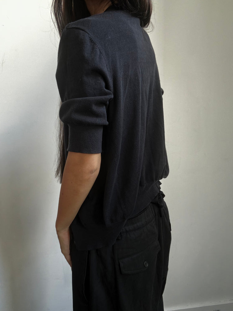 Vintage Black Quarter Sleeve Rib V-neck Sweater Size Medium