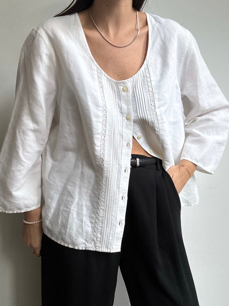 Vintage White Wide Sleeve Blouse + Lace Trim Size Large