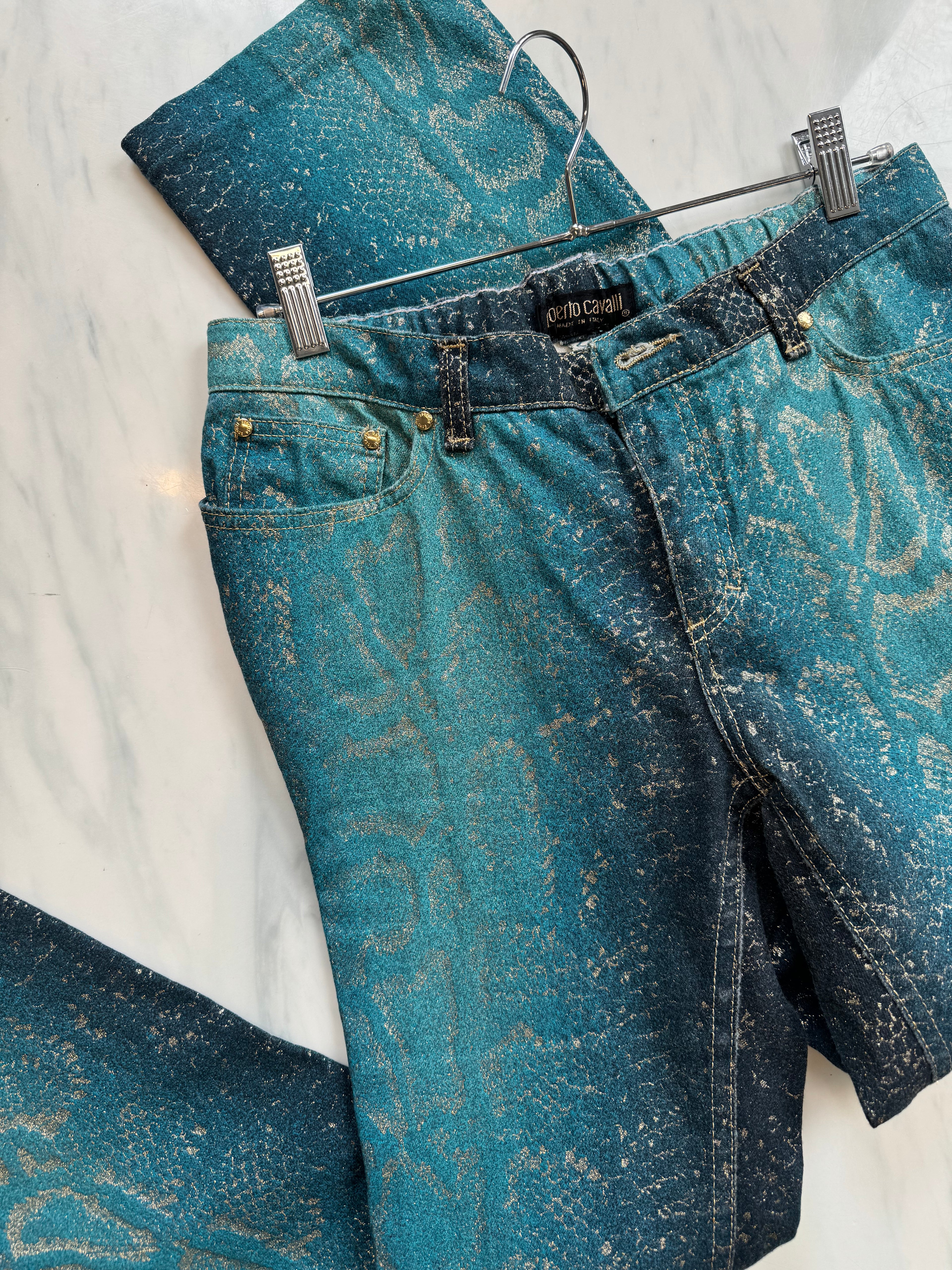 Vintage Roberto Cavalli Low Rise Teal and Gold Snake Skin Jeans Size 30"