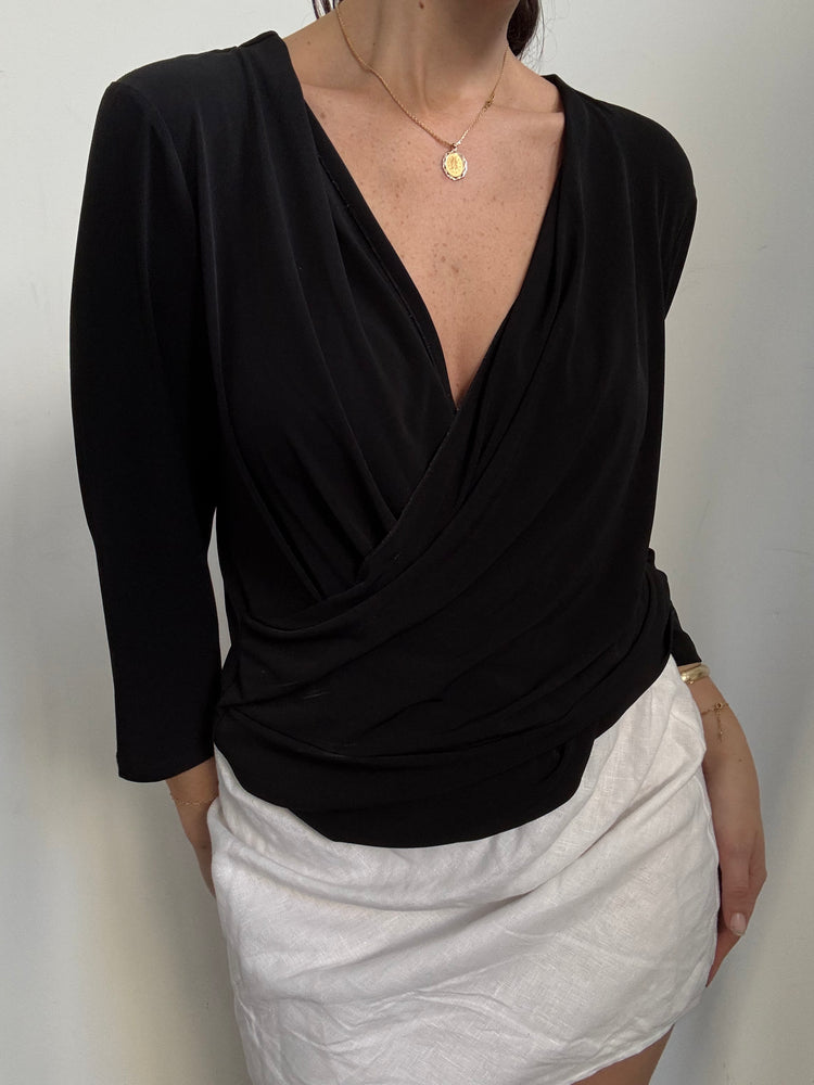 Vintage Black Crossover Long Sleeve Blouse Size Large