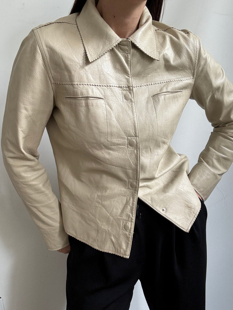 Vintage Beige Fitted Leather Jacket Size Medium