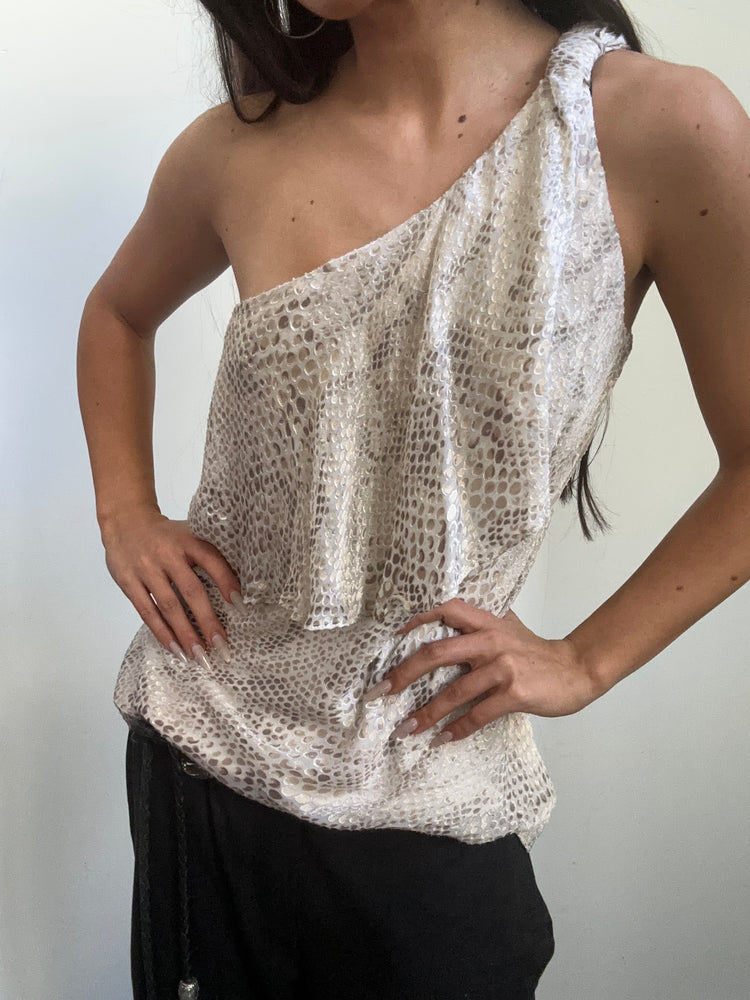 Vintage Snakeskin Patterned One-Shoulder Blouse Size S/M
