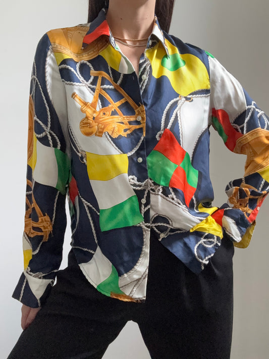 Vintage RL 100% Silk Multicolored Printed Button Up Size Small