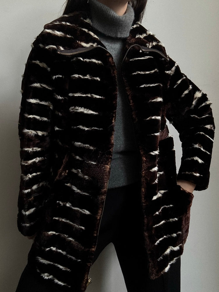 Vintage Brown + White Rabbit Fur Jacket Size Medium