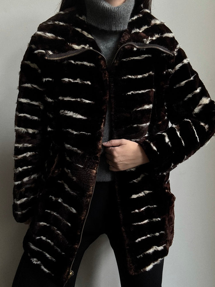 Vintage Brown + White Rabbit Fur Jacket Size Medium