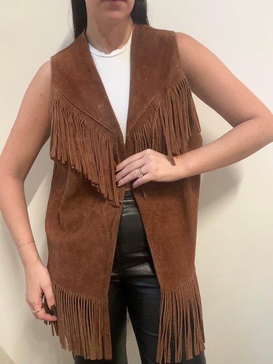 Vintage Brown Leather Fringe Vest OS