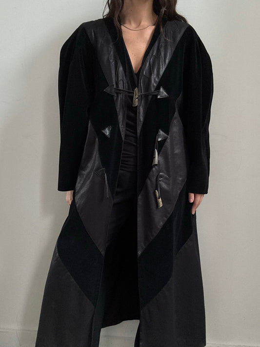 Vintage Black Faux Suede + Leather Long Coat Size Large