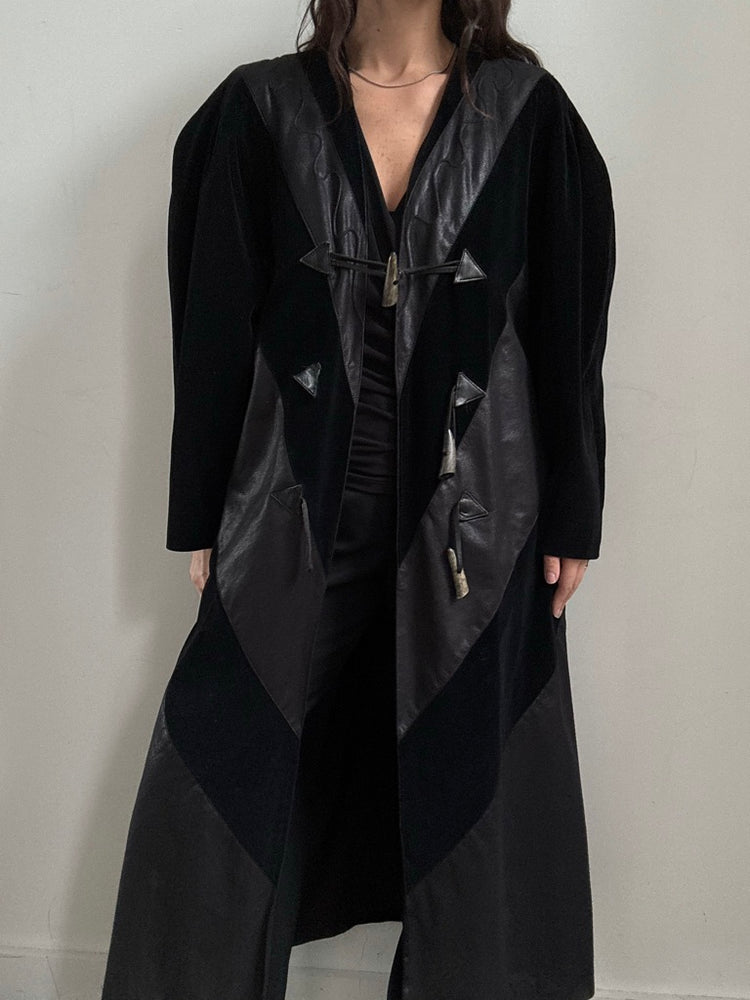 Vintage Black Faux Suede + Leather Long Coat Size Large