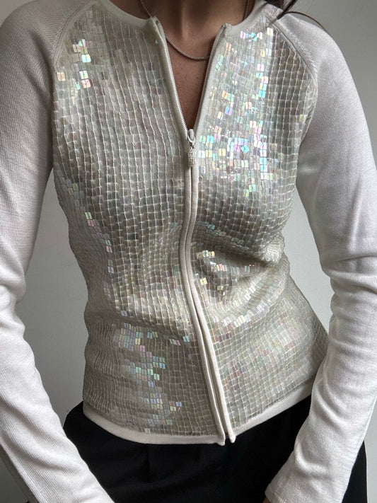 Vintage White Sequin Zip-Up Cardigan Size Medium