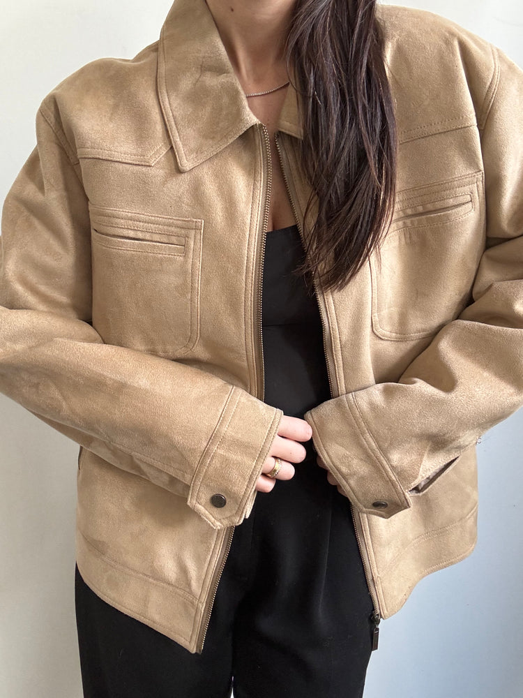 Vintage Faux Tan Suede Bomber Jacket Size Medium