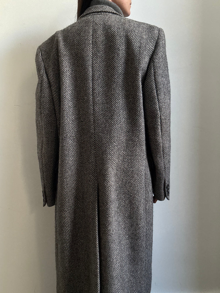 Vintage Grey + Black Herringbone Pattern Double-Breasted Trench Size large