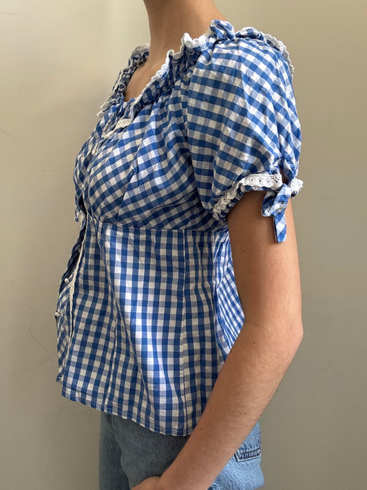 Preloved Blue & White Gingham Puff Sleeve Top Size Small