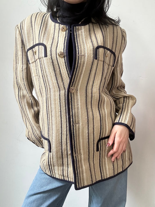 Vintage Navy Blue + Tan Striped Collarless Wool Blazer Size Large