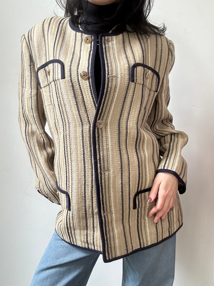 Vintage Navy Blue + Tan Striped Collarless Wool Blazer Size Large