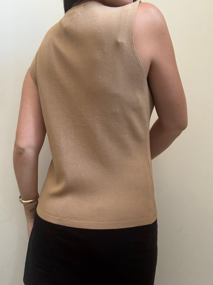 Vintage Brown Knit Beaded V-Neck Tank Size Large