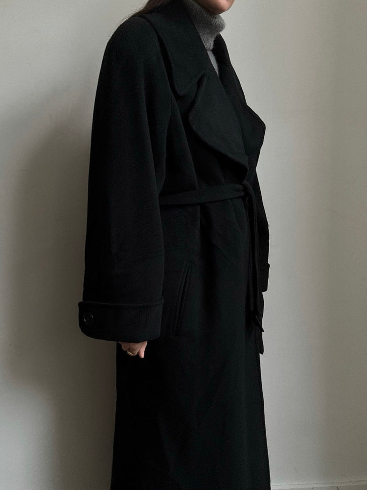 Vintage Black Pure Cashmere Belted Coat Size Large