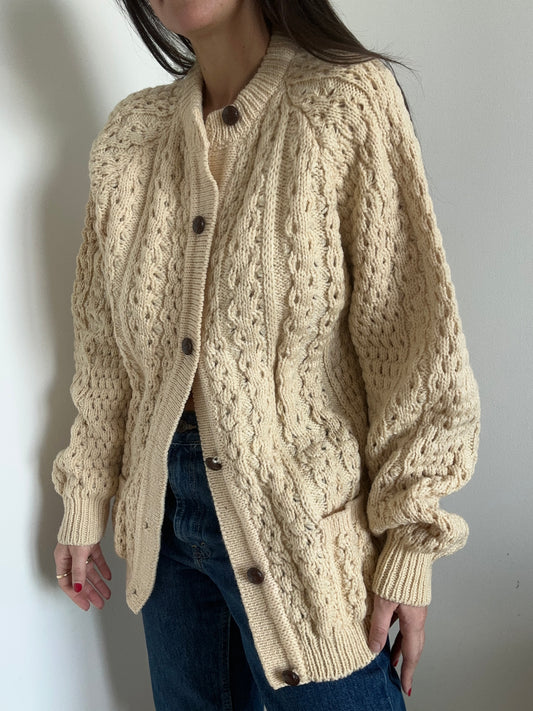 Vintage Cream Cable Knit Cardigan Sweater Size X-Large