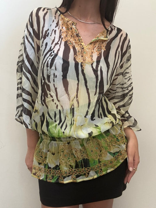 Sheer Zebra Print 3/4 Sleeve Cover-Up Size 2