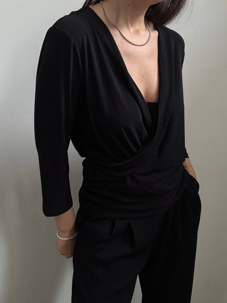 Vintage Black Wrap Style Blouse Size Medium