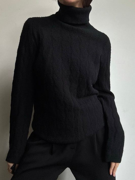 Vintage Black Cable Knit Pattern Turtle Neck Size Small