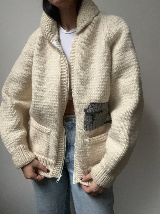 Vintage 1940's Winter White Fisherman Knit Zip-Up Size M