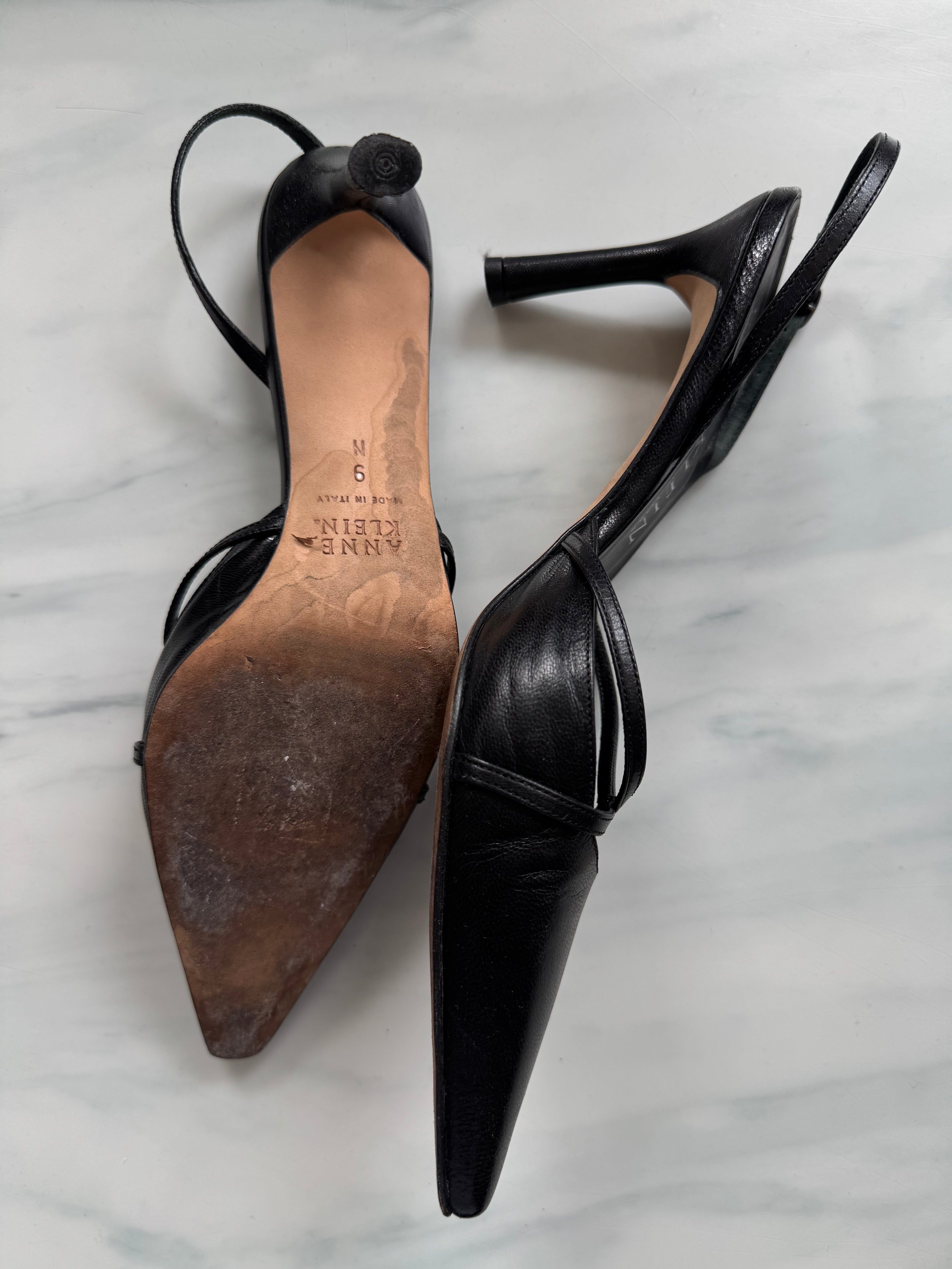 Vintage Black Leather Slingback Pointed Toe Heel Size 9