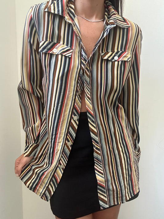 Vintage Italian Pure Silk Multicolored Striped Top Size M