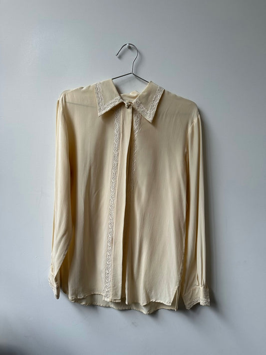 Vintage Ivory Silk Button-Up With Embroidered Trim Size Small