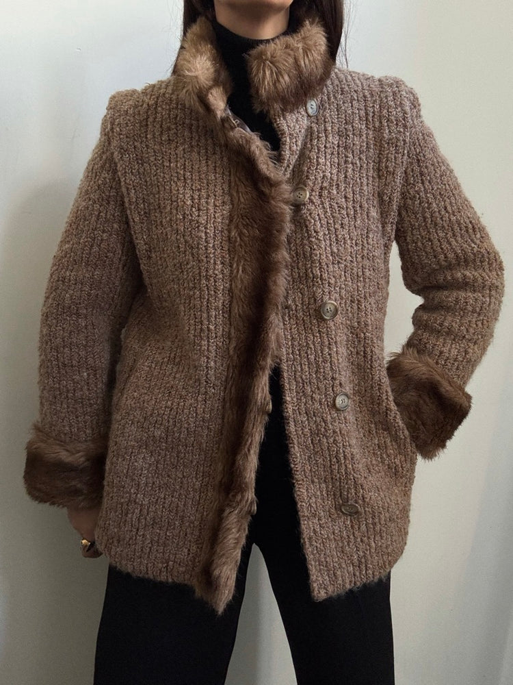 Vintage Wool Knit Faux Fur Trimmed Jacket Size Medium