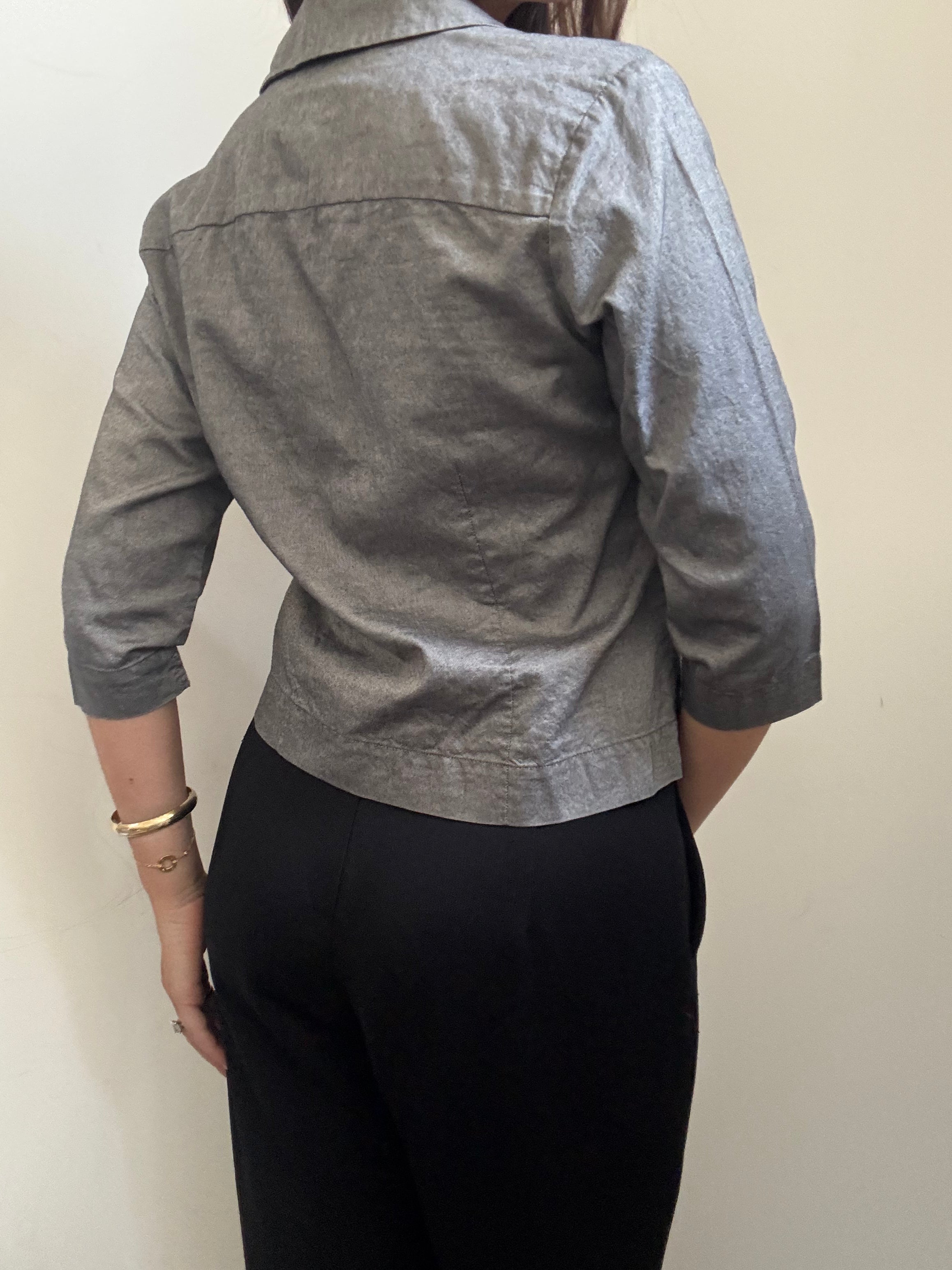 Vintage Grey Cotton Button-Up 3/4 Sleeve Size Small