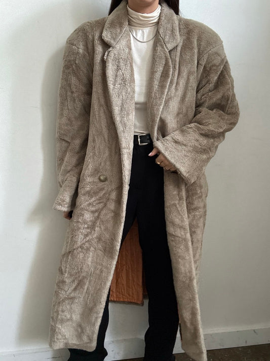Vintage Taupe Long Faux Fur Jacket