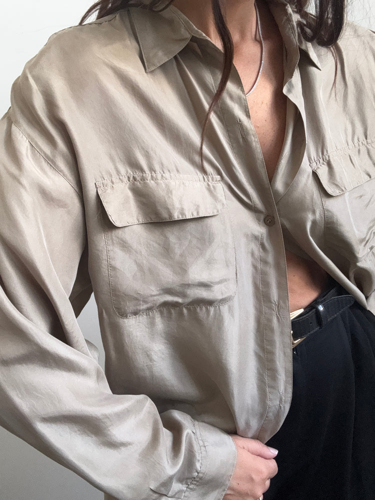 Vintage Silk Taupe Button-Up Size Large