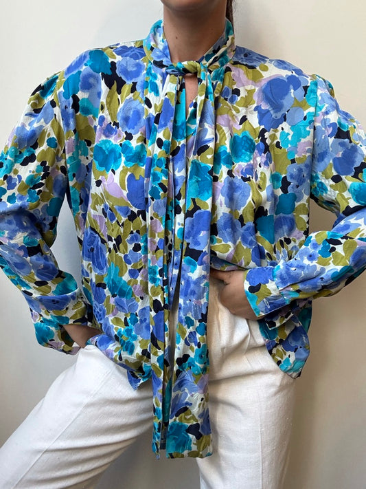 Vintage Silk Blue + Purple Floral Printed Blouse Size M