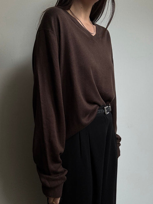Vintage Brown Silk & Linen V-Neck Sweater Size XL