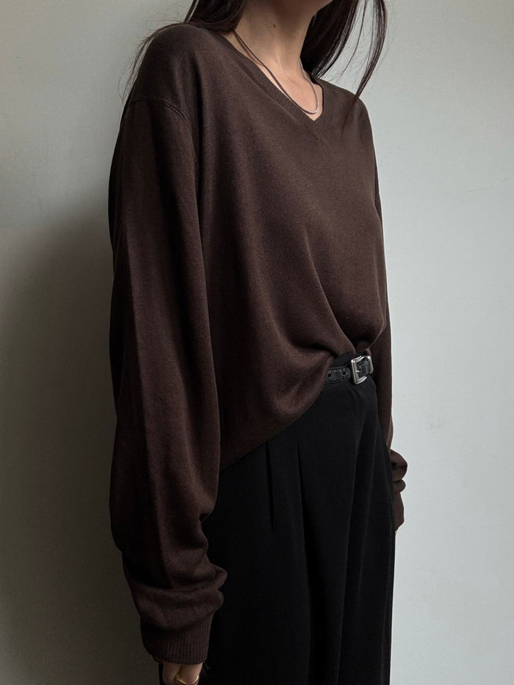 Vintage Brown Silk & Linen V-Neck Sweater Size XL