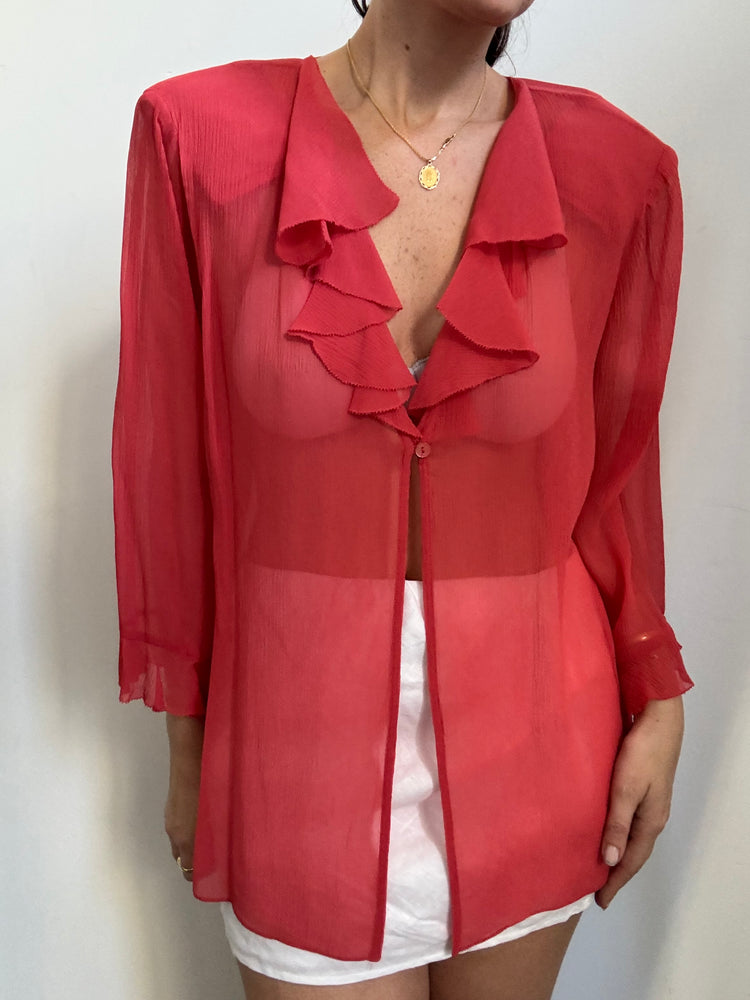Vintage Raspberry Silk Sheer Ruffle Blouse Size Large