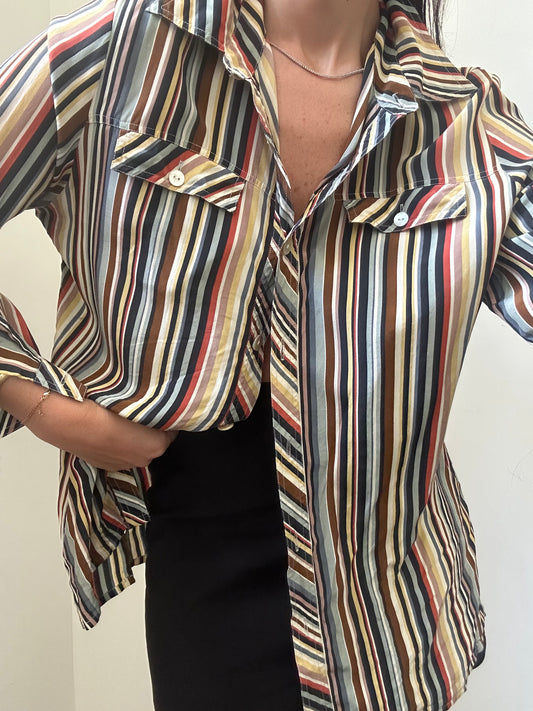 Vintage Italian Pure Silk Multicolored Striped Top Size M