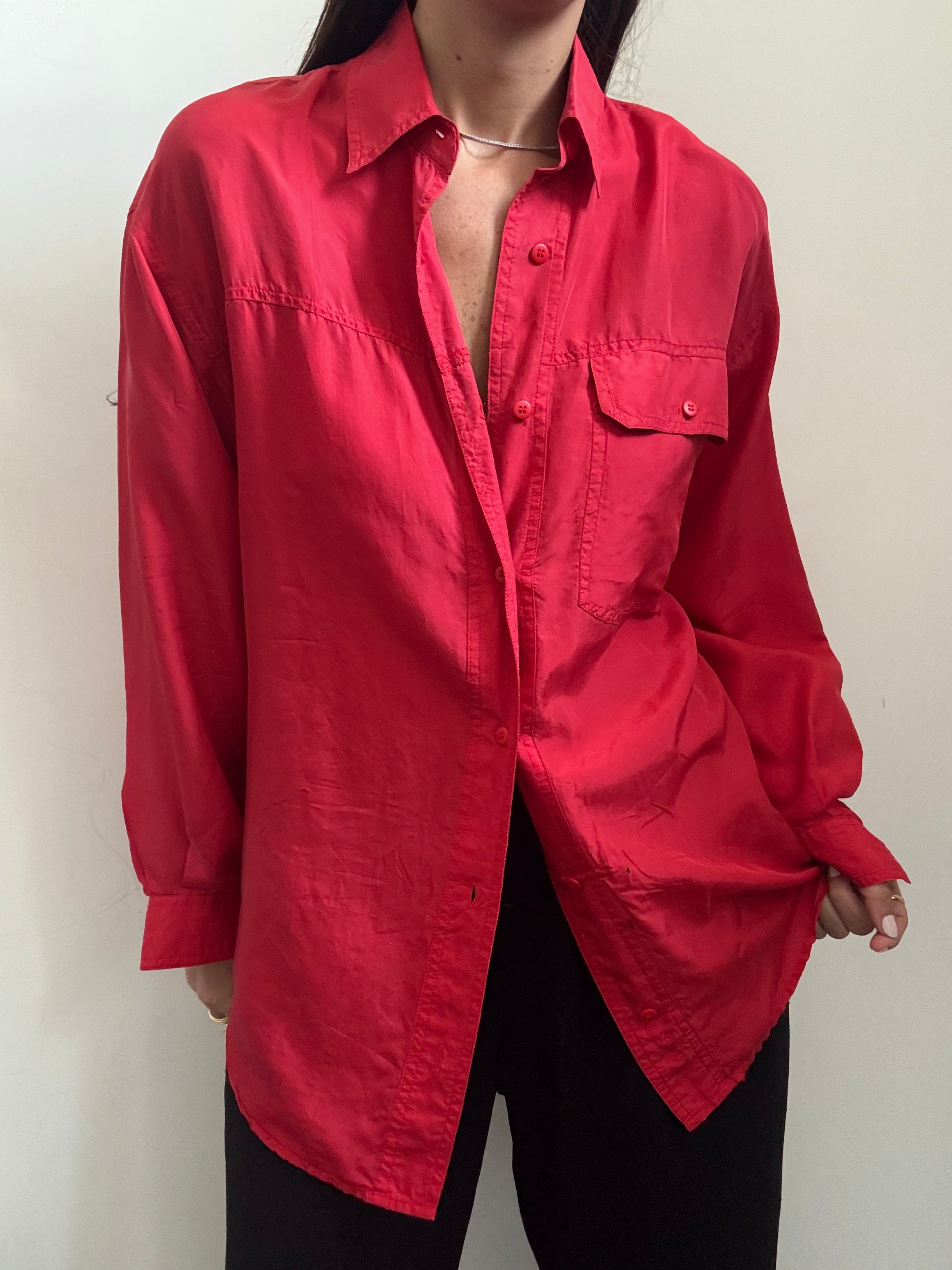 Vintage Red Silk Button Up Blouse Size Medium