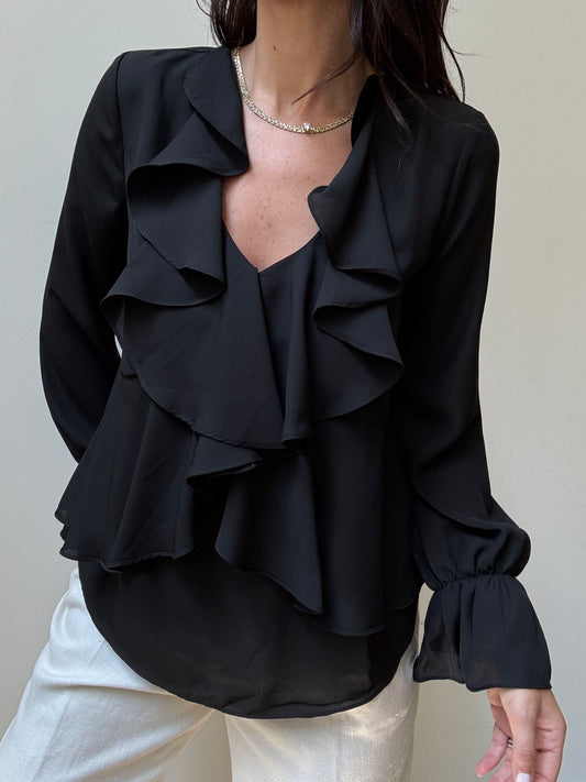 Vintage Black Ruffled Blouse Size Small