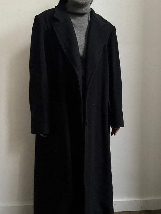 Vintage Pure Wool Chic Black Long Coat Size Medium