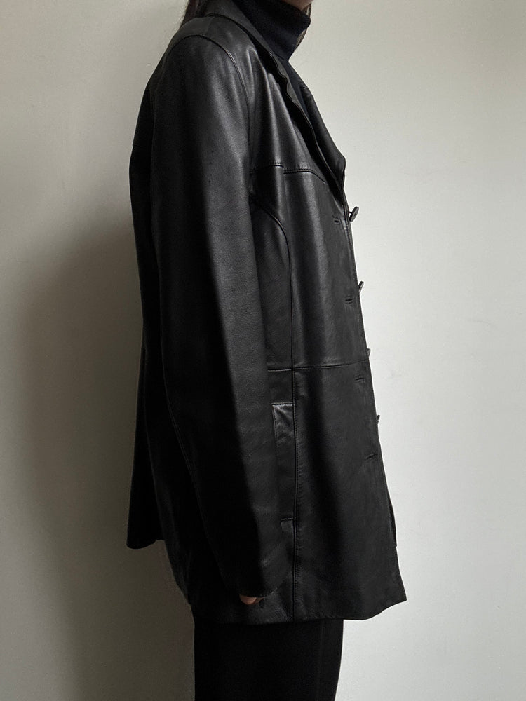 Vintage Black Buttoned Mid-Length Leather Jacket Size M