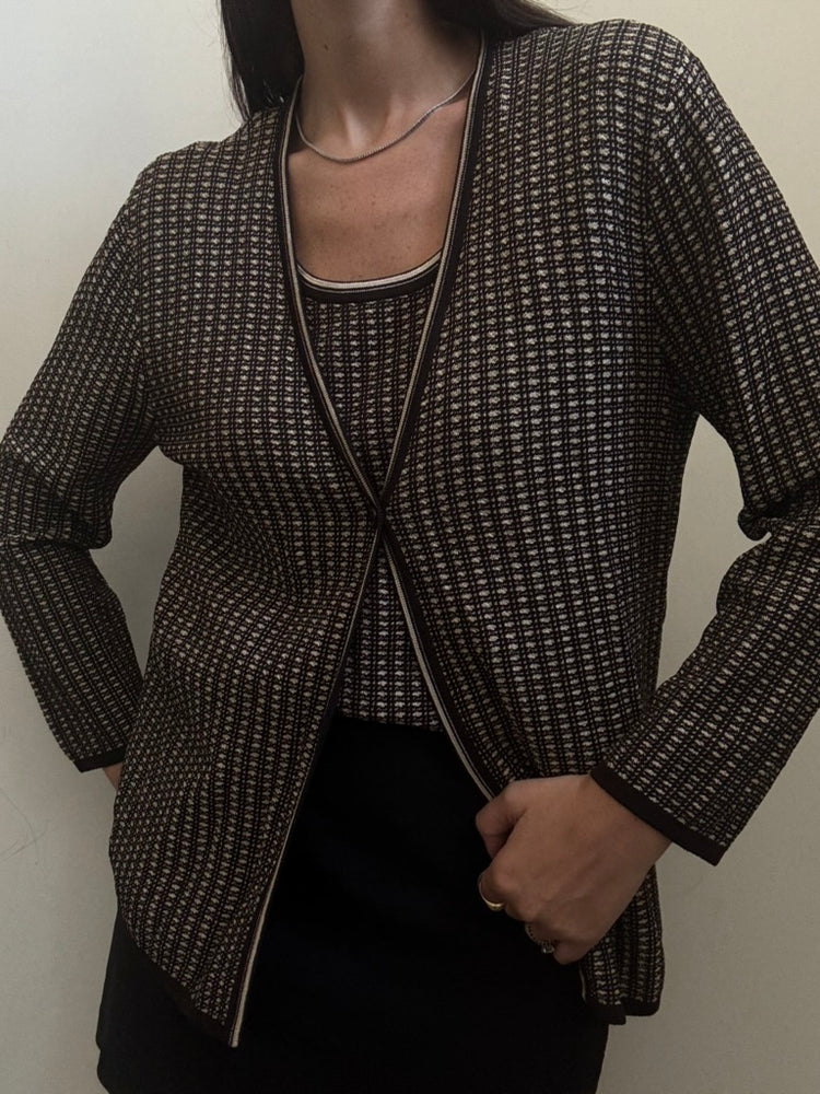 Vintage Brown Slinky Knit Tank + Cardigan Set Size XL