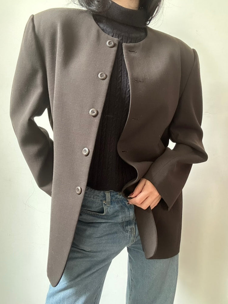 Vintage Brown Wool Collarless Blazer Size Large