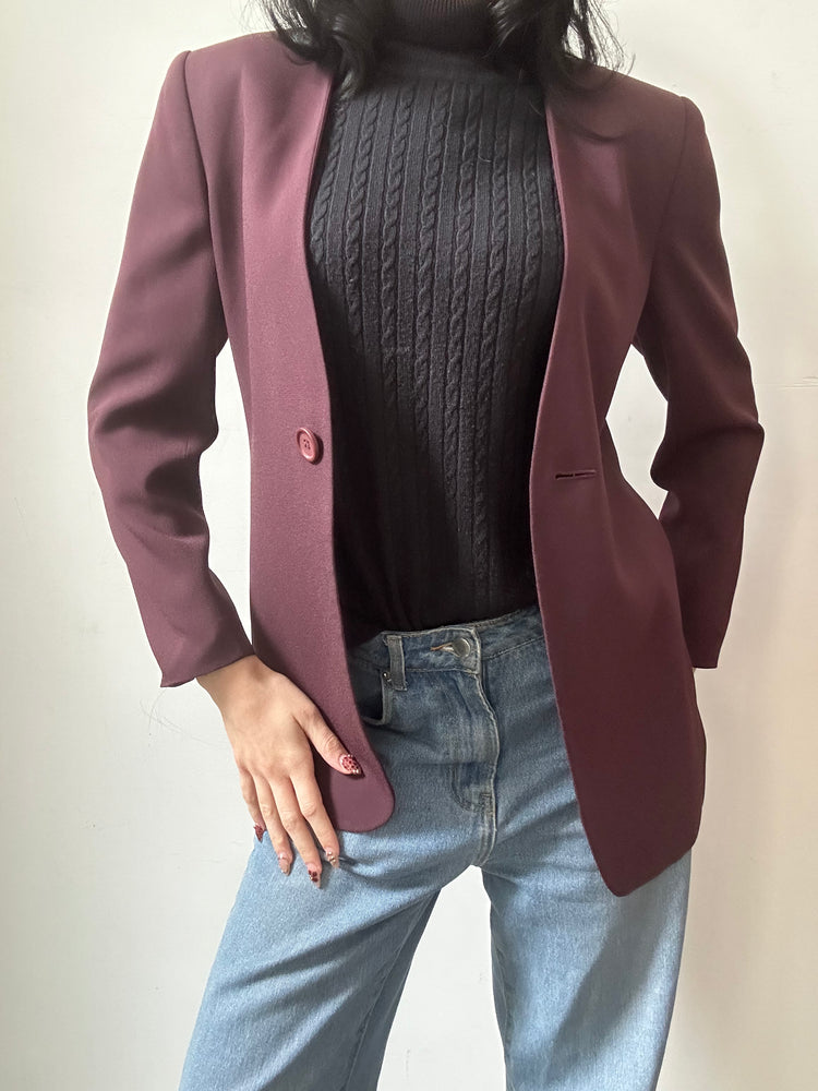 Vintage Burgundy Fitted Collarless Blazer Size Small