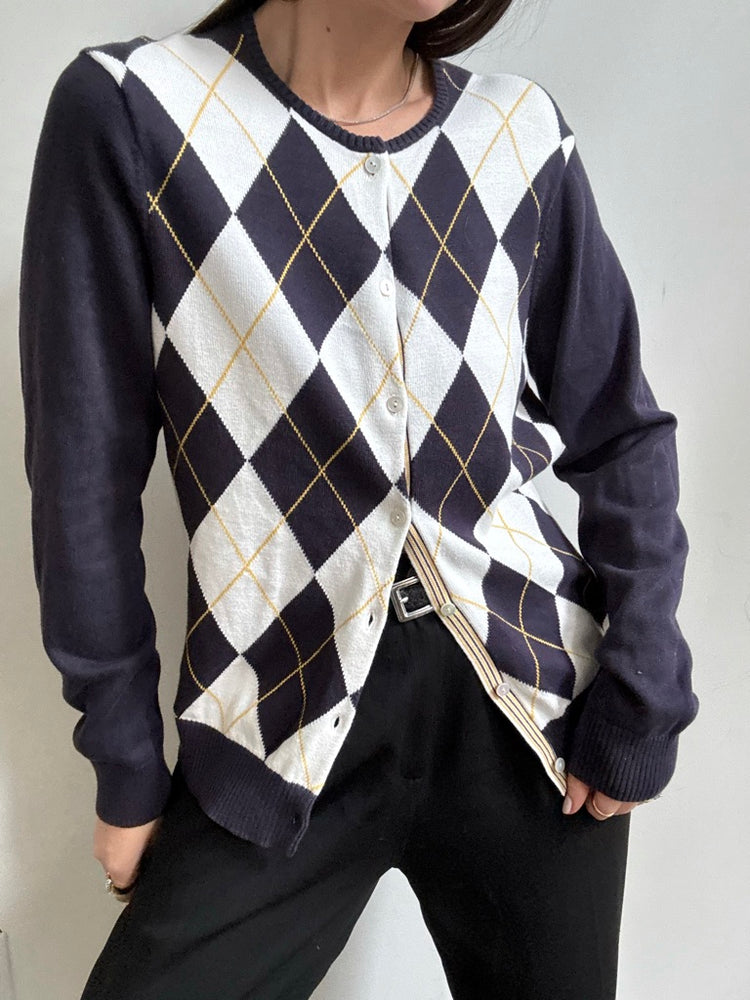 Vintage Navy + Yellow Argyle Cotton Knit Size Medium