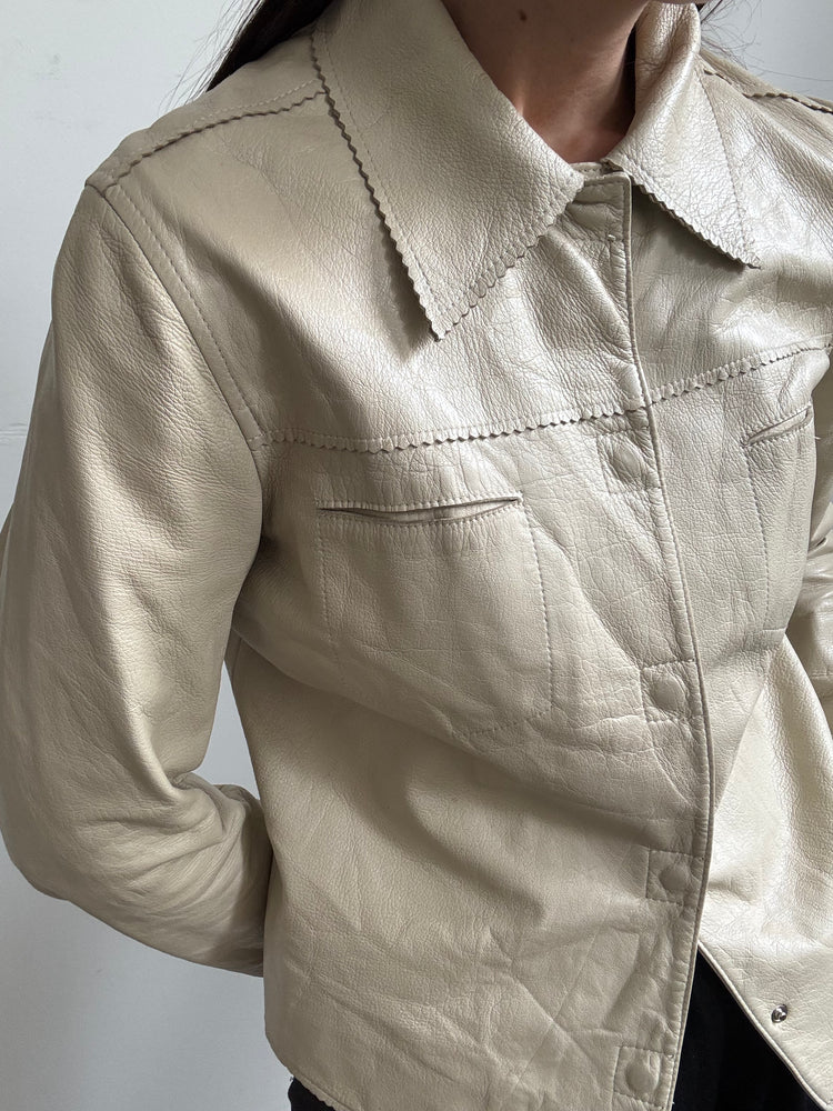 Vintage Beige Fitted Leather Jacket Size Medium