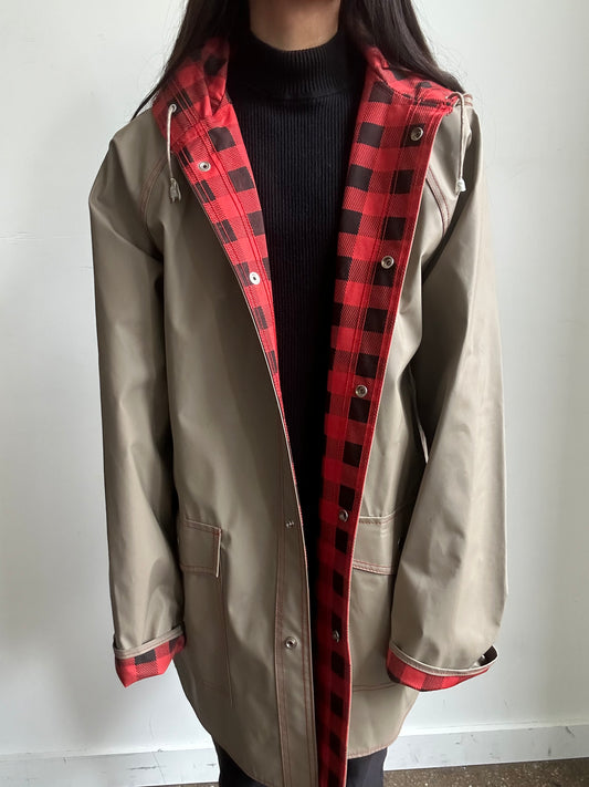 Vintage Tan Raincoat + Red Plaid Interior Size Extra Large