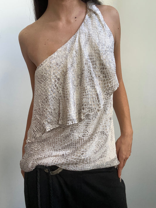 Vintage Snakeskin Patterned One-Shoulder Blouse Size S/M