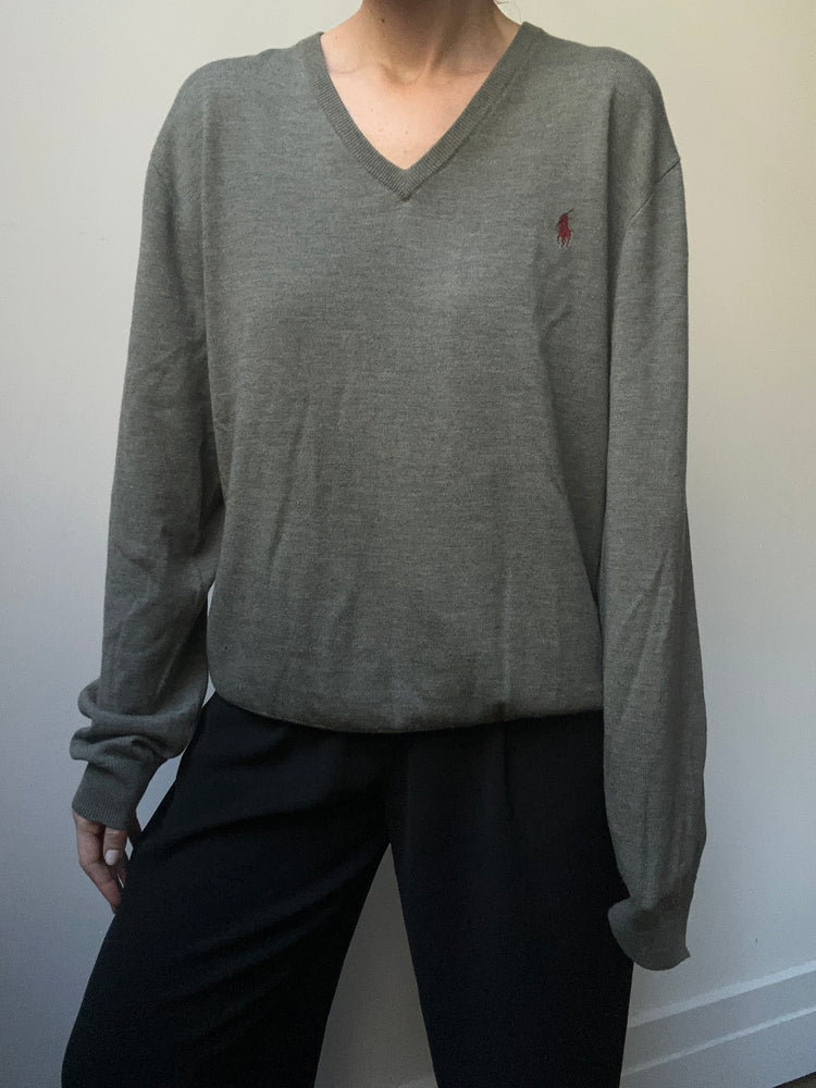 Vintage Ralph Lauren Merino Wool Grey V-Neck Sweater Size L