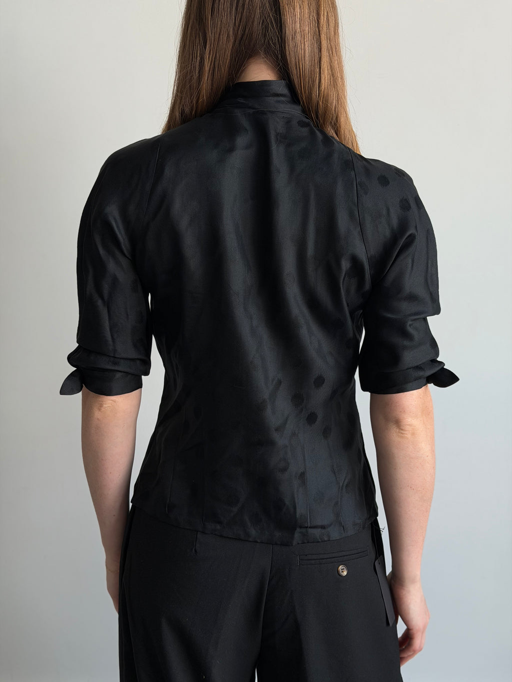 Vintage Black Polka Dot Tied Fitted Blouse Size Medium